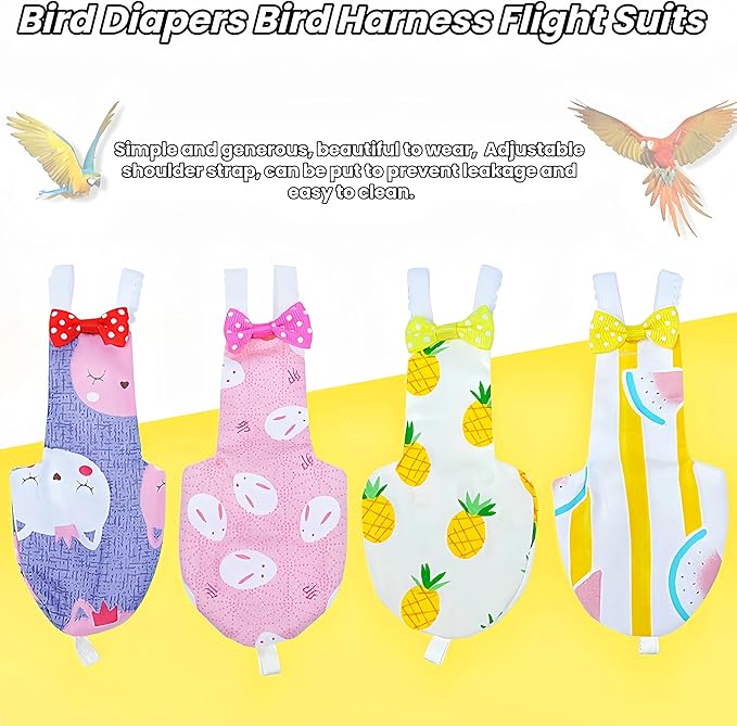 2Pcs Bird Diapers Bird Harness Flight Suits Diapers with 80 Inch Flying Leash Parrot Nappy Washable Cute Urine Wet Suit for Cockatiel Conure Macaw Budgies Parakeet-Pineapple&Watermelon,S