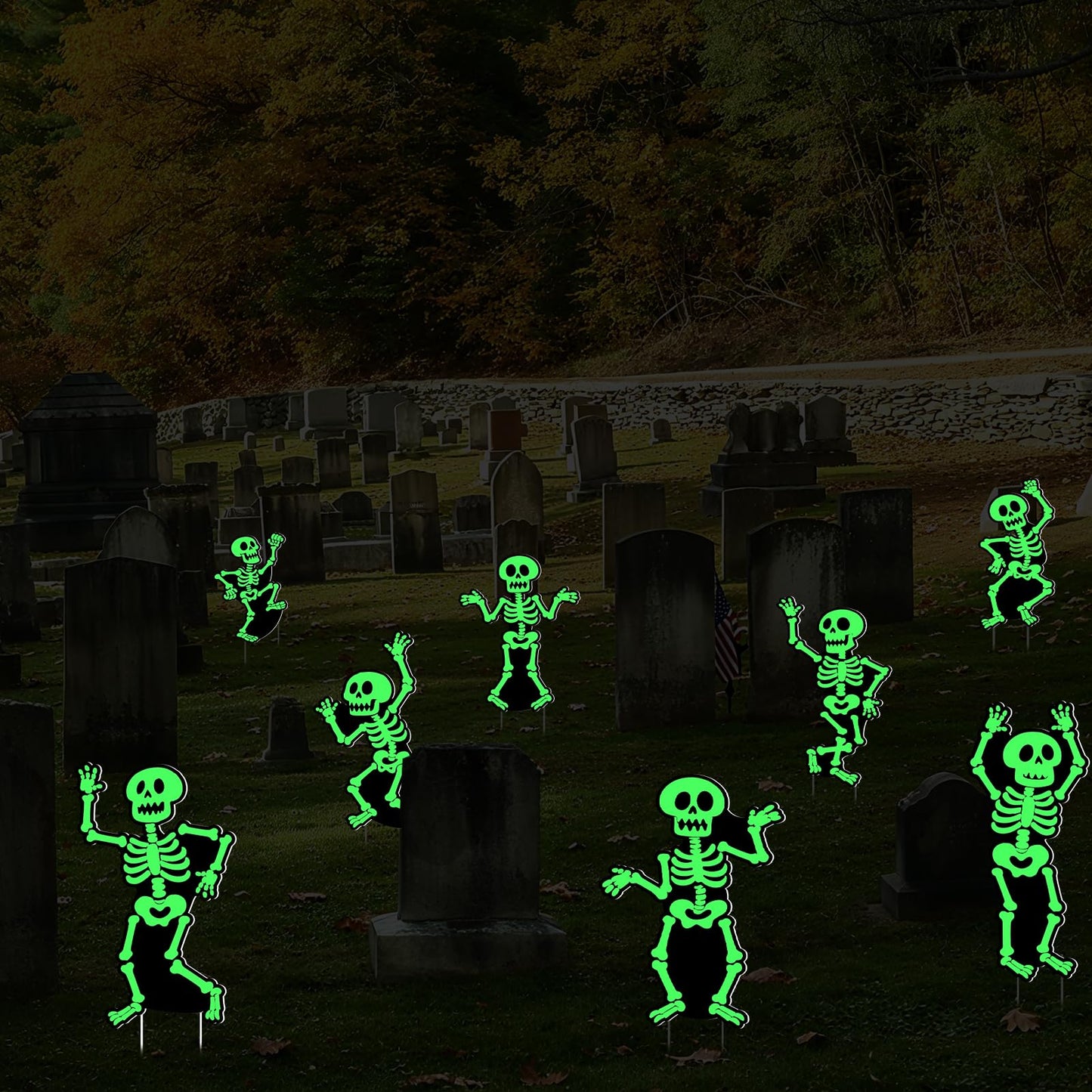 BOUTICOL 8 Pcs Halloween Glow in The Dark Skeleton Yard Signs Outdoor Decoration, Fluorescent Skeleton Ghost Yard Signs with Stakes for Lawn Garden Front Yard Cemetery Decor
