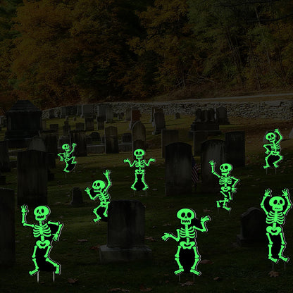 BOUTICOL 8 Pcs Halloween Glow in The Dark Skeleton Yard Signs Outdoor Decoration, Fluorescent Skeleton Ghost Yard Signs with Stakes for Lawn Garden Front Yard Cemetery Decor