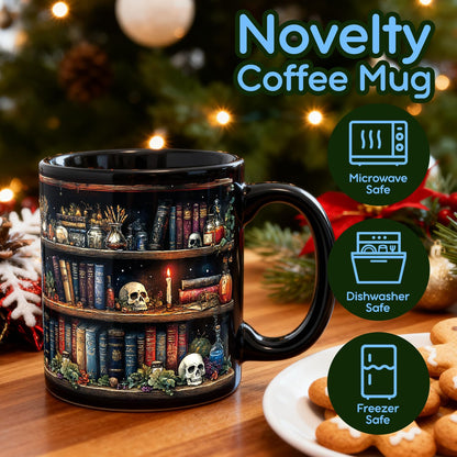 Palasarkaaa Skull Bookshelf Coffee Mug Gifts for Book Lovers Women, Witch, Goth Decor Halloween Cup With Skulls Cup Gothic Gift for Men, Dad, Mom