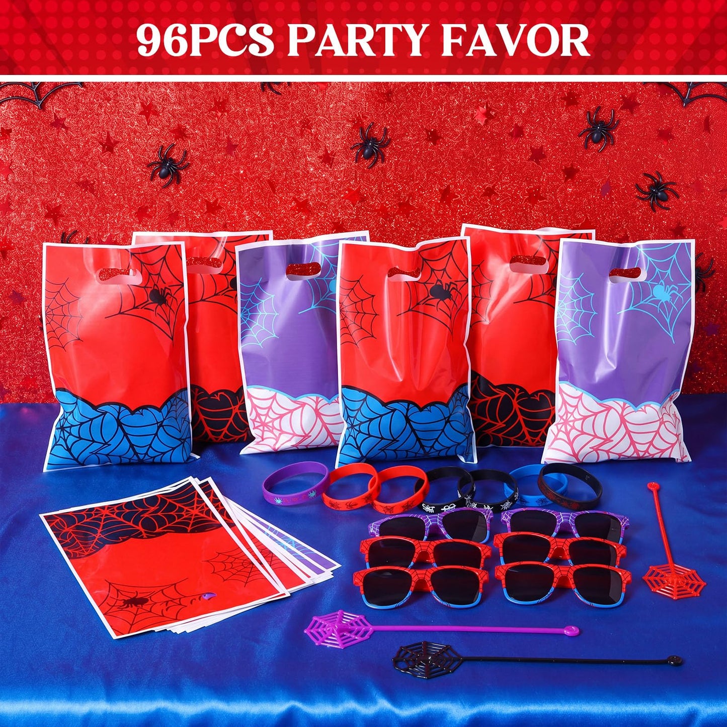 Soulchen 96 Pieces Spiderweb Birthday Party Decoration Set Spiderweb Gift Bags Spider Silicone Bracelet Sunglasses Cobweb Sticky Hands Toys for Birthday Party Supplies Favors (Vibrant)