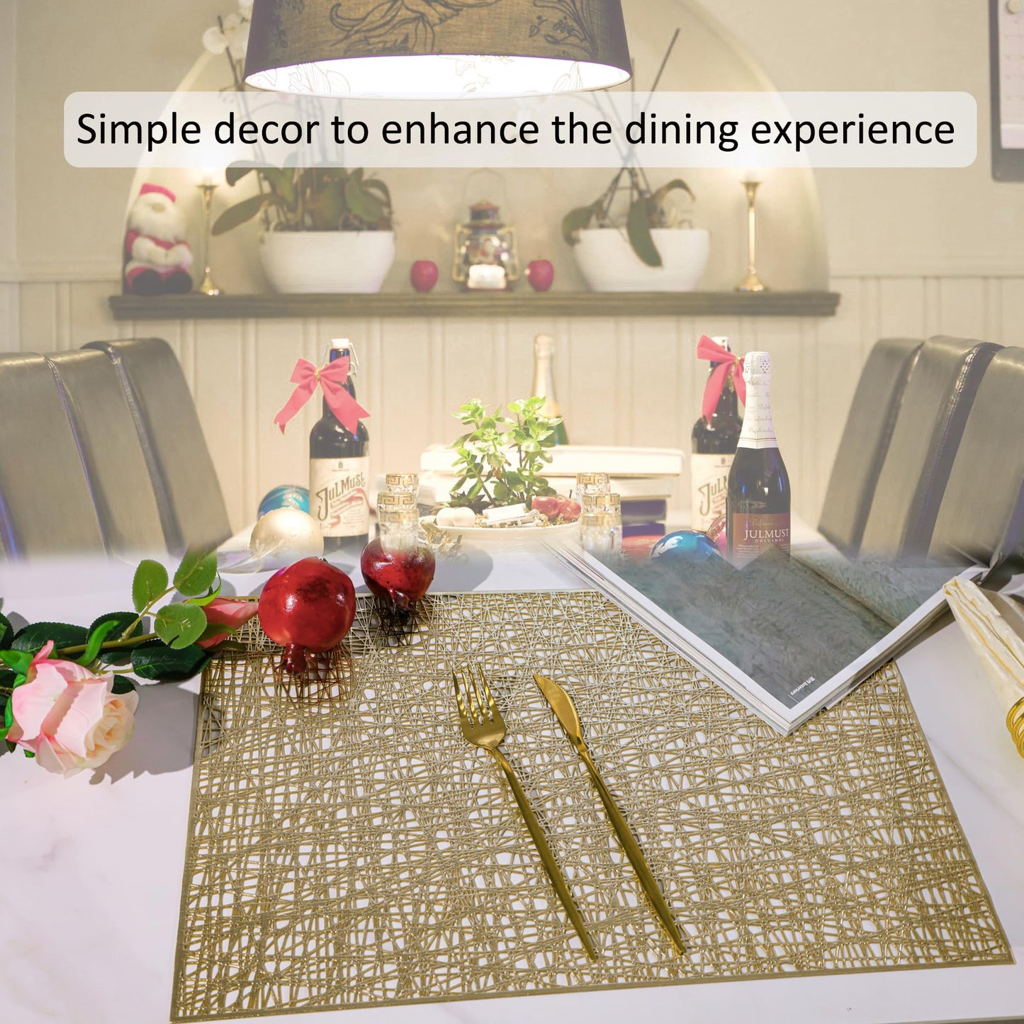 Snowkingdom Gold Placemats Set of 4, Golden Vinyl Rectangle Metallic Wipeable Place mats, Washable Easy Clean Non Slip Stain Resistant Hollow Kitchen Dining Table Mats for Wedding Party Decoration
