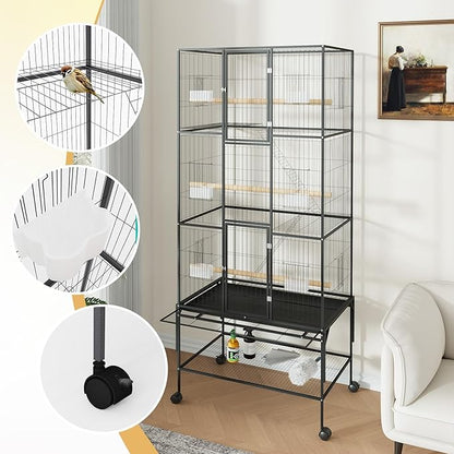 69 Inch Tall Parrot Cages for Large Birds, Three-Level Rolling Parakeet Cage with Storage Shelf Perches Feed Bowls, Bird Flight Cage, Large Bird Cages for Parrots Macaws Conures Cockatiels Parakeets