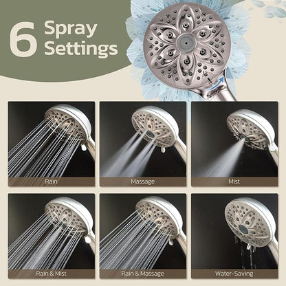 6-Setting Filtered Handheld Shower Head, JDO High Pressure Shower Head with Replaceable Filter Cartridge 4.7 Inch Detachable Showerhead for Chlorine Hard Water Removal 59 Inch Stainless Steel Hose