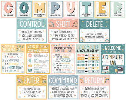Computer Lab Poster Computer Science Posters Boho Classroom Rules Decorations Inspirational Technology Digital Keyboard Shortcuts Education Chart PC Decor Wall Art Back to School Teacher Supplies