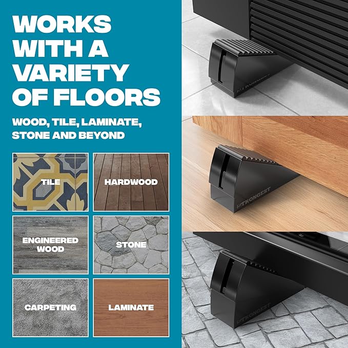STRONGEST HOME Stoppers for Bottom of Door – Heavy Duty Metal Rubber Door Stopper, Non-Slip Door Stop for Heavy Doors, Works on Wood, Tile & Carpet Floors, Folding Black 1 PC + 1 White Wall Protectors