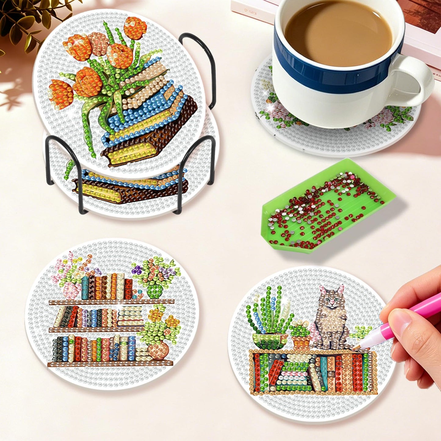 GEEHEIY Book Lover Diamond Art Coasters Kit for Adults, 8PCS DIY Floral Bookshelf Diamond Painting Coasters with Holder, Cozy Reading Aesthetic Home Decor Gifts