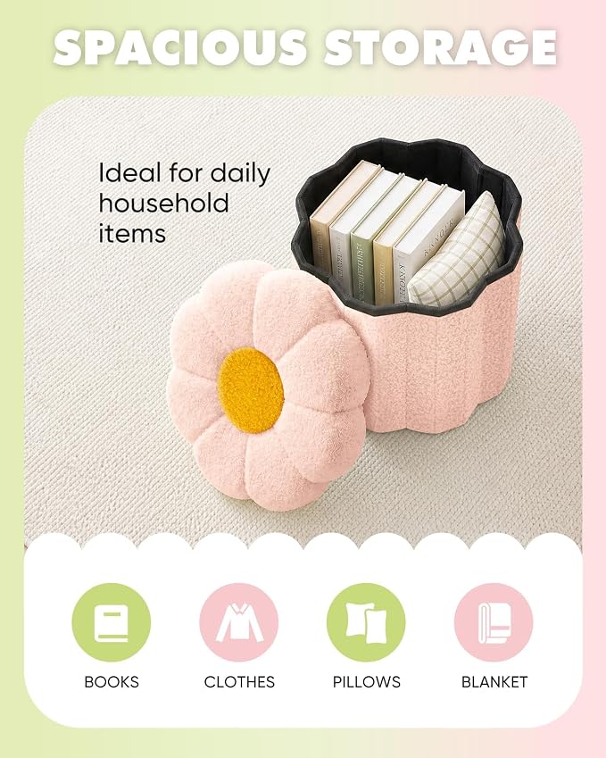 B FSOBEIIALEO Storage Ottoman Foldable, Sunflower Shaped Small Footrest Collapsible Folding Seat Bench for Bedroom Living Room Entryway, Faux Teddy Fur, Pink 12.6"x12.6"x11.4"