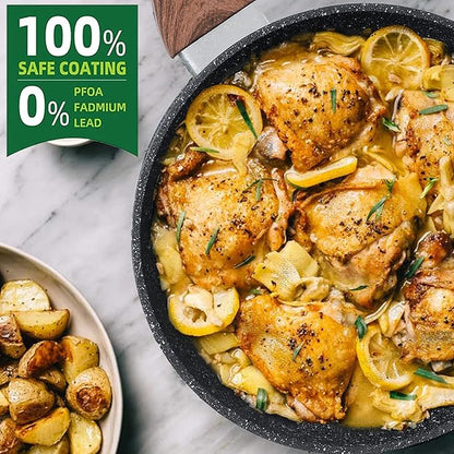 Kitchen Academy 12Pcs Nonstick Induction Pots and Pans Set, Hammered | Premium black healthy cookware for everyday cooking. Even heating, easy to clean. Stay-cool handles. 100% PFOA & PFAS free.