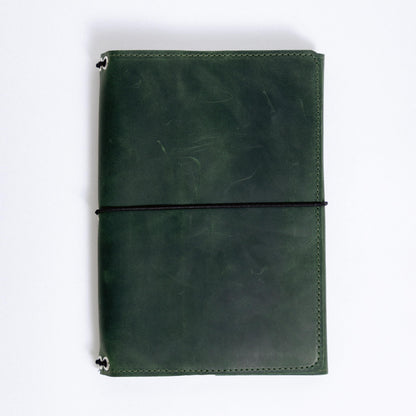 OMBUO Full-Grain Leather A5 Journal Cover – Refillable Traveler’s Notebook Case with 3 Elastic Bands, Pen Loop & Card Pockets – Fits A5/Half-Letter Inserts (Paper Not Included), Green