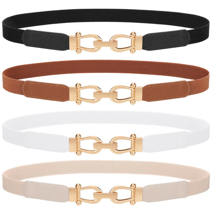 TRIWORKS 4 Pack Skinny Elastic Belts for Women Gold Buckle Thin Stretchy Waist Belts for Dresses