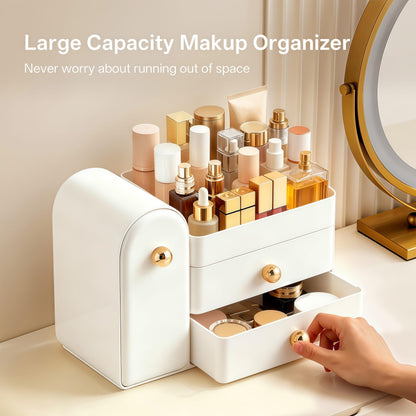 HBlife Makeup Organizer Countertop with Drawers, Vanity Organizers with Brush Holder, Bathroom Counter Organizer for Perfume, Nail Polishes, Lipsticks, Skincare and Eyeshadow Palettes, White