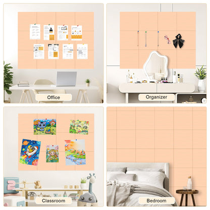 AKONEGE Felt Bulletin Board Tiles 12 Pack, 48" x 36" Cork Board Alternative, DIY Pin Board Wall Tiles for Photo Wall, Vision Board, Room & Home Office Decor, Stick-On with Adhesive Tabs, Peach Beige