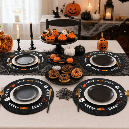 Whaline 4 Pcs Round Halloween Placemats Embroidered Place Mats Spooky Ghost Pumpkin Candy Dinner Table Mats for Home Halloween Trick or Treat Party Table Decor