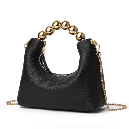 DORIS&JACKY Small Top Handle Clutch Purse for Women, Designer Leather Evening Crossbody Bag with Metal Ball Tote Handle And Leather Chain Strap (Black)