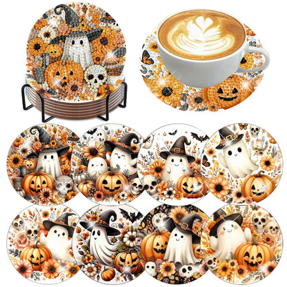 8 PCS Halloween Diamond Art Coasters Kits with Holder Ghost Pumpkin Diamond Painting Coaster Kit for Adults Beginners,5D DIY Gem Art Kit Full Drill Diamonds Art Craft Supplies 4X4 Inch