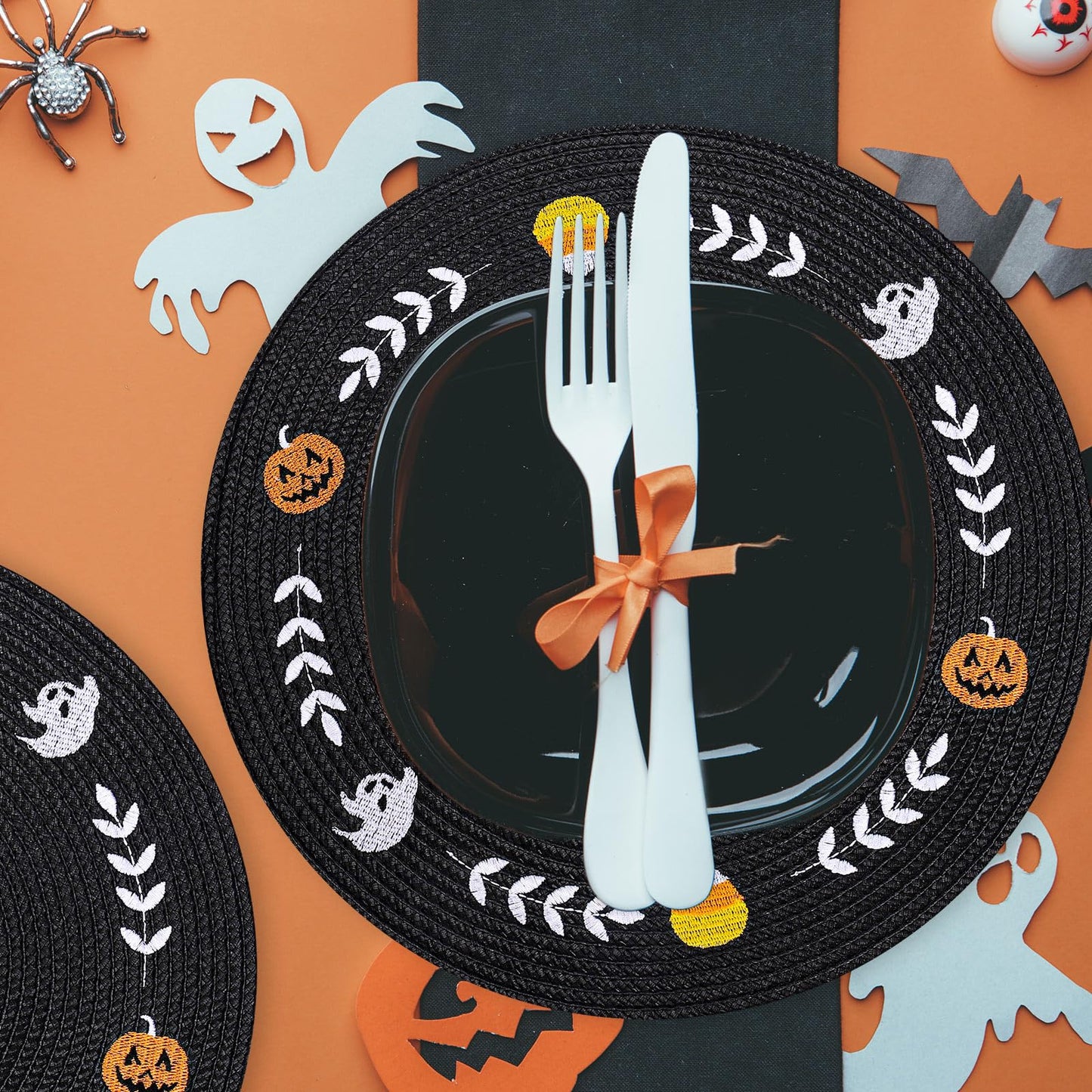 Whaline 4 Pcs Round Halloween Placemats Embroidered Ghost Pumpkin Candy Corn Place Mats Black Spooky Dinner Table Mats for Halloween Holiday Trick or Treat Party Table Decor