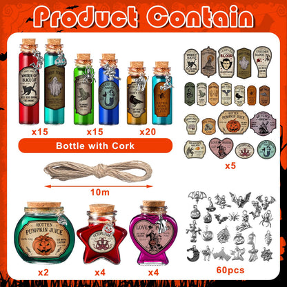 Sliner 180 Pcs Halloween Potion Bottles Set Includes 60 Cork Stoppers Glass Bottles 60 Charms Pendants 60 Apothecary Bottle Labels with a Jute Rope for Party Decoration Gifts Photo Props