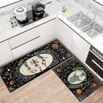 Faptoena Halloween Kitchen Mat Set of 2,Happy Halloween Skeleton Creepy Mats and Rugs Non Skid Washable for Kitchen Home Decor,Halloween Decorations and Accessories (17"x47"+17"x30")