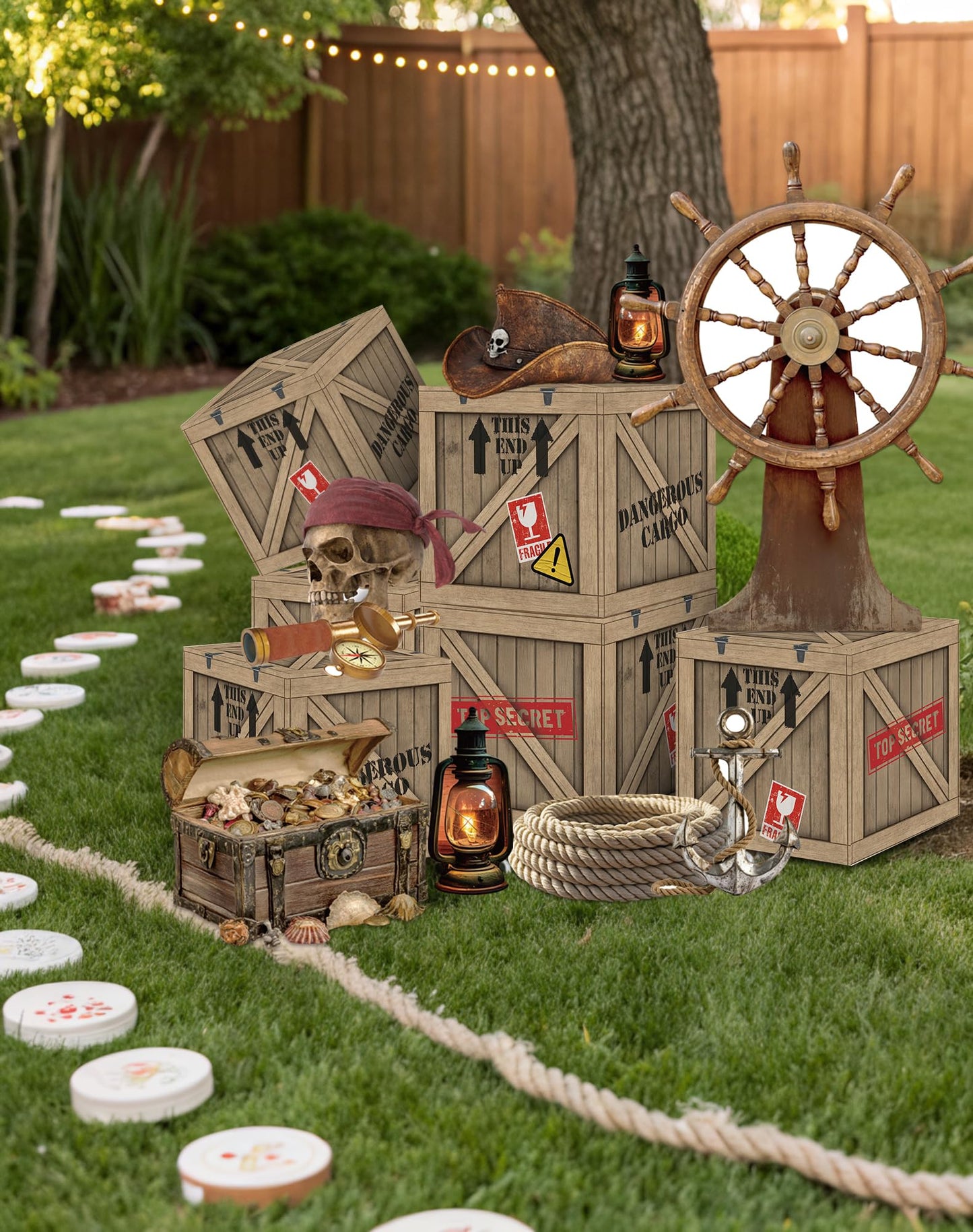 KARAQY Pirate Party Decorations – 10 Inch Imitation Wooden Boxes with Pirate Treasure Chest, Trunk or Treat Car Decor Kit for Birthday, Halloween, Adventure Party, Photo Booth Props