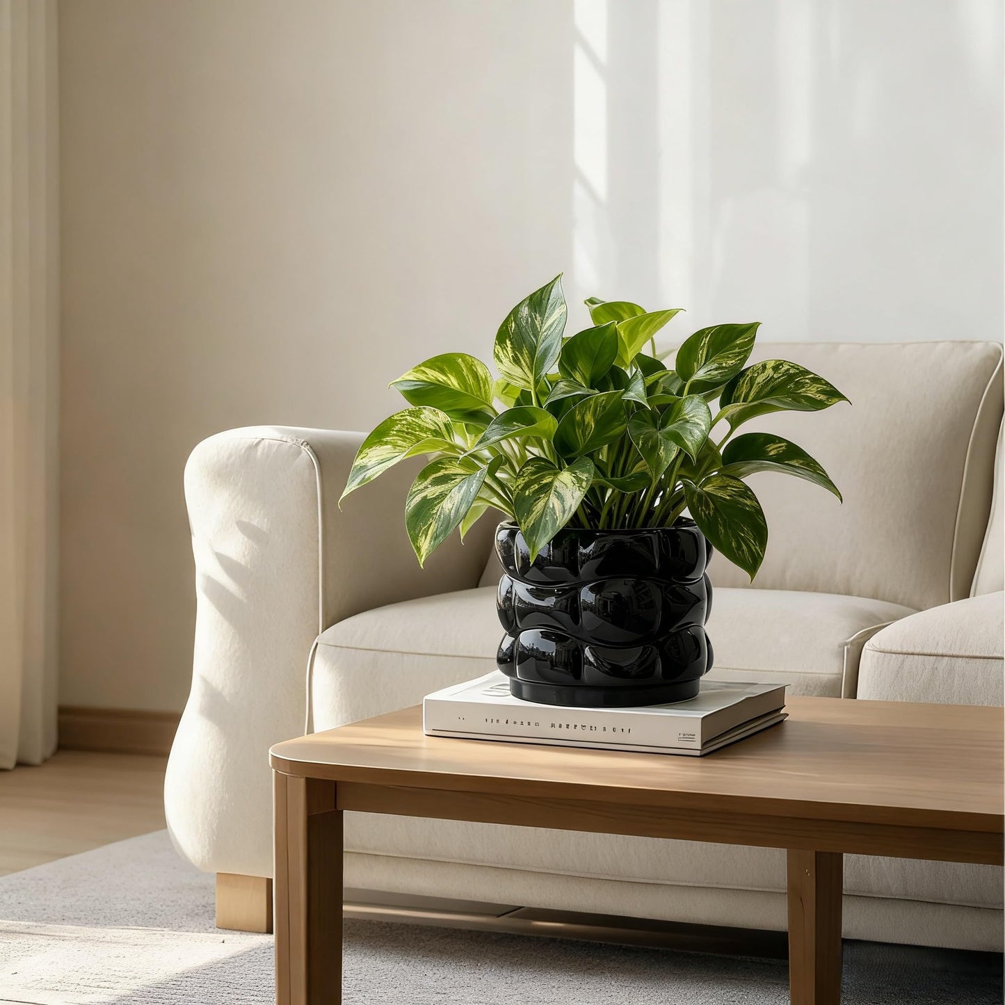 FUYHE 5.8 inch Ceramic Plant Pots with Drainage Hole,Modern Flower Pots for Indoor Plants,Black Ceramic Pots for Succulents, Home & Office Décor (Black)
