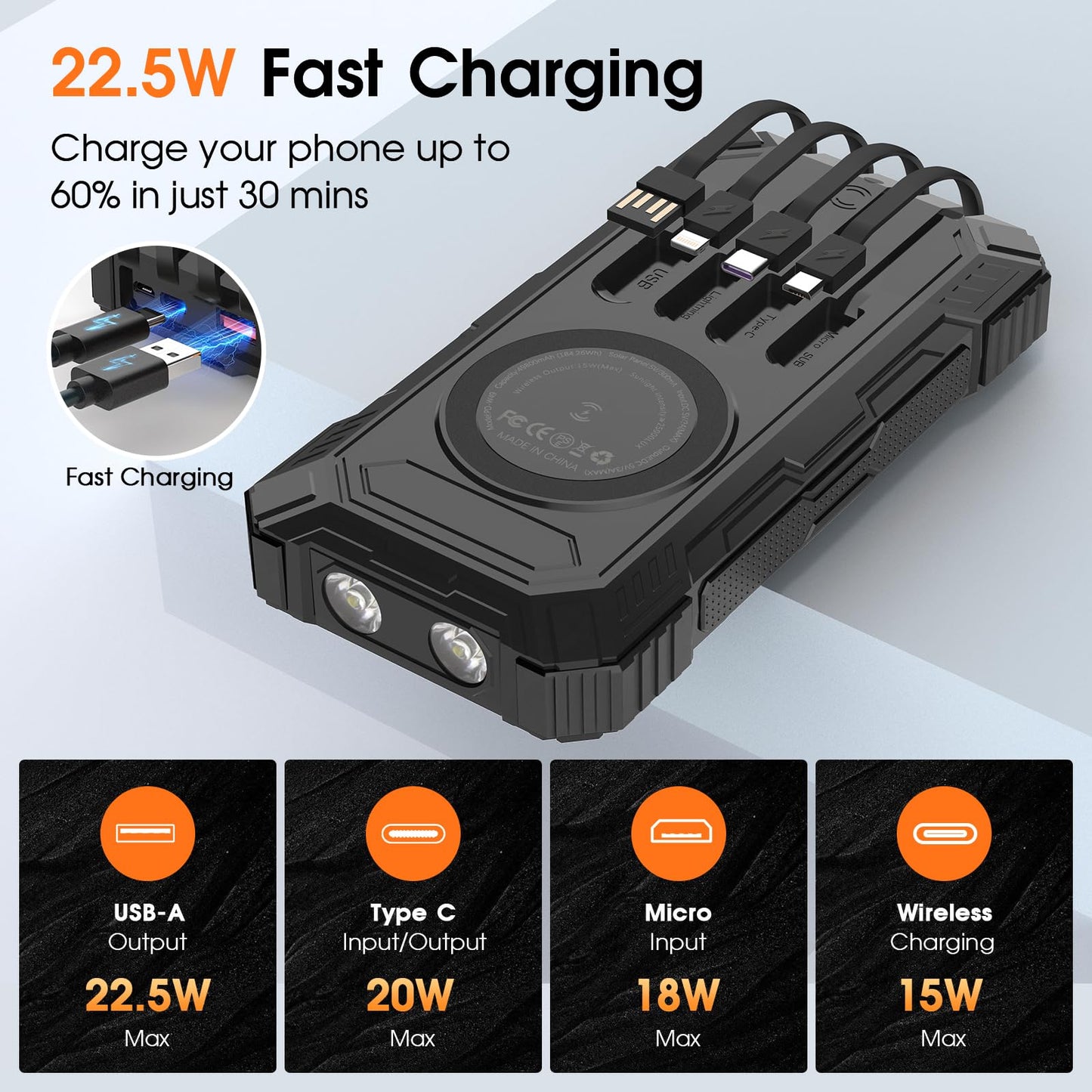 BLASOUL Solar Charger 49800mAh Power Bank - Wireless Portable Phone Charger with 4 Built-in Cable,22.5W Fast Charging Battery Pack USB C in/Output for All Cell Phone iPhone,Galaxy,Android,Etc(Black)