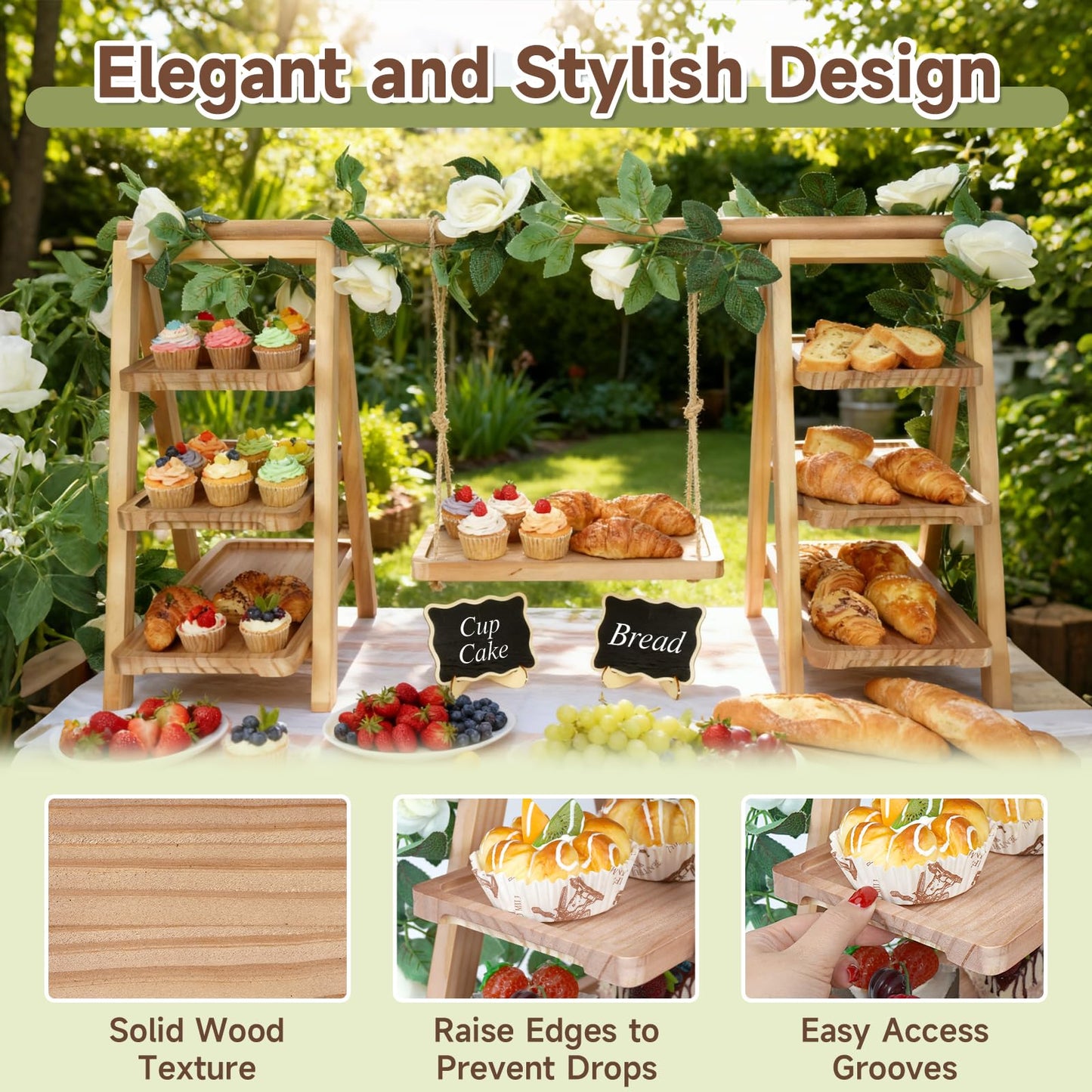 Erlsig Wooden 3 Tier Cupcake Stand with Swing, Rustic Pine Wood Dessert Display Stand with Removable Trays, Foldable A-Frame Ladder Rack for Cake Fruit Snack, Perfect for Wedding Party Birthday