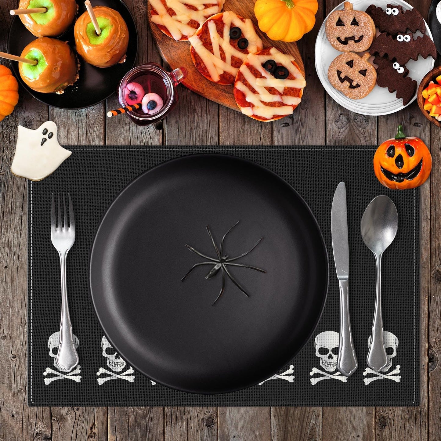 Bayson Halloween Pirate World Skull Placemats Set of 4, 12x18 Inch Skeleton Patriotic Country Table Mat, Non-Slip and Washable Linen Place Mat for Home Party Decoration