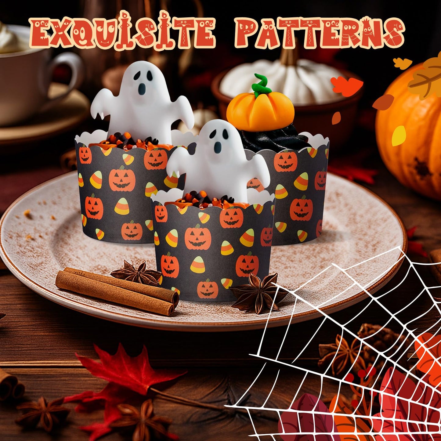 Funnymoom 100 Pcs Halloween Pumpkin Paper Baking Cups Black Orange Cupcake Liners Wrappers Decorative Cupcake Holders for Halloween Birthday Party Supply