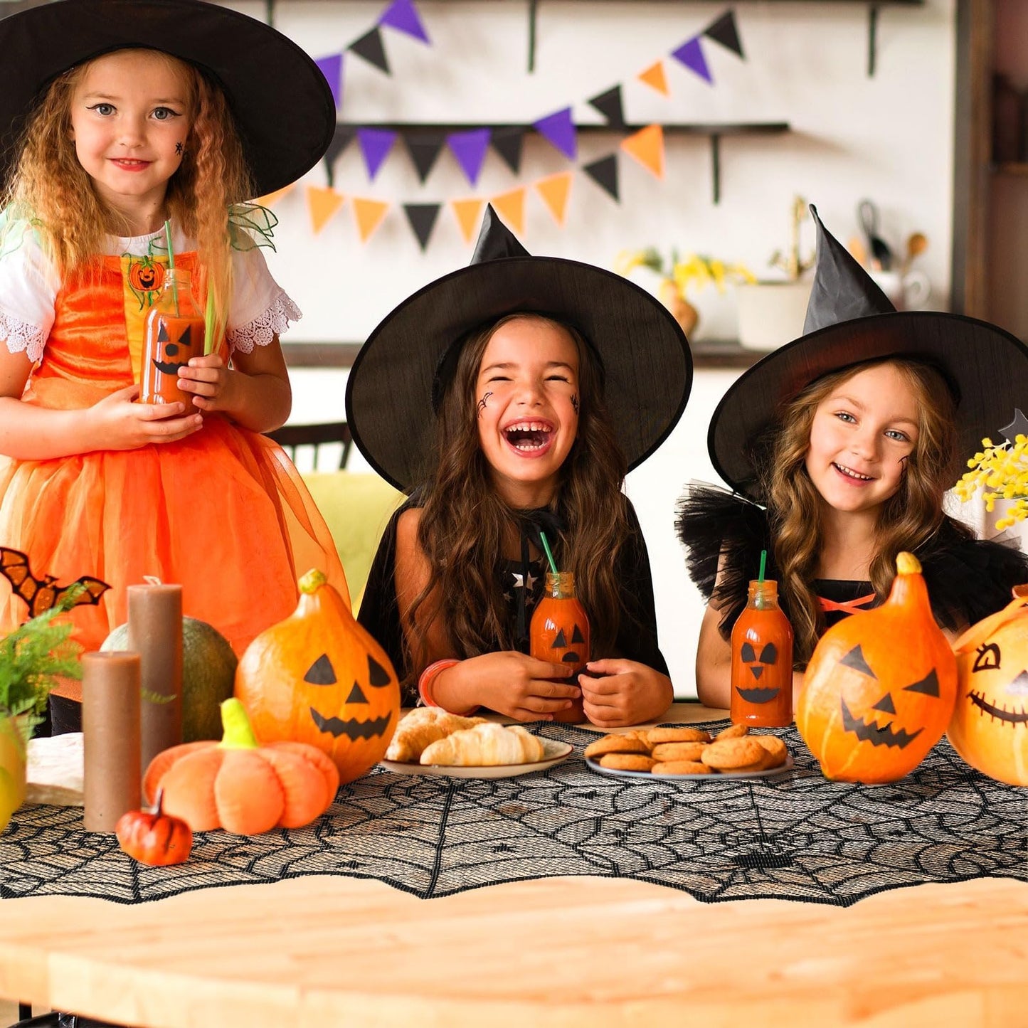 DTOFOOT 4 Pack Halloween Table Runner, 18 x 72 Inch Black Lace Spider Web Table Runner for Halloween Decorations Gothic Cobweb Tablecloth for Dining Table Fireplace Mantel Party Decor