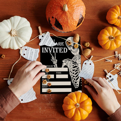 Whaline 25 Sets Halloween Invitations with Envelopes Stickers Black Dancing Skeleton Invitation Cards Blank Invites for Birthday Party Supplies, 5 x 7 Inch