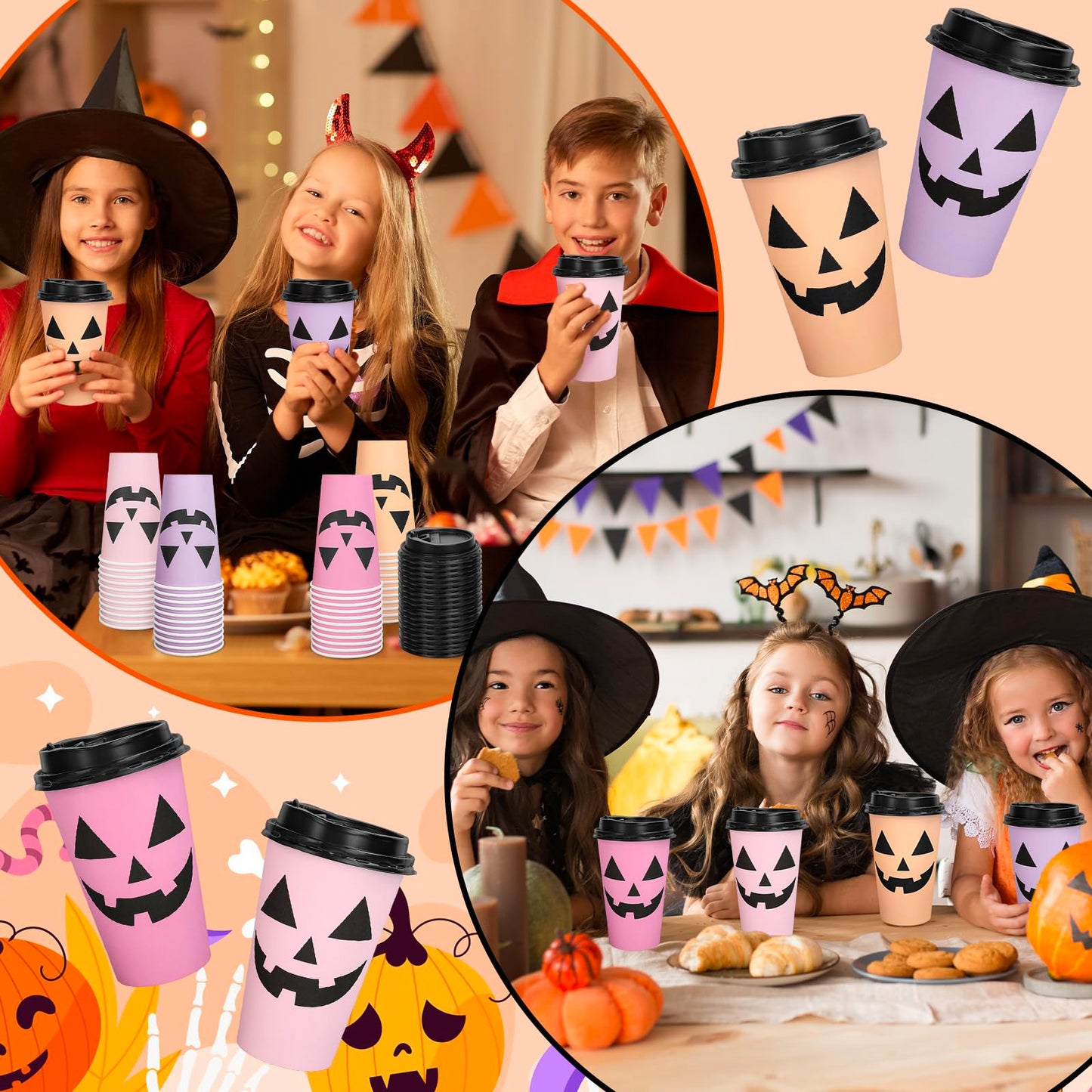 Whaline Halloween Disposable Coffee Cups Ghost Pumpkin Paper Cups with Lids 16 Oz for Holiday Birthday Party Home Office Travel Supplies Hot Cold Drinks, 48 Pcs
