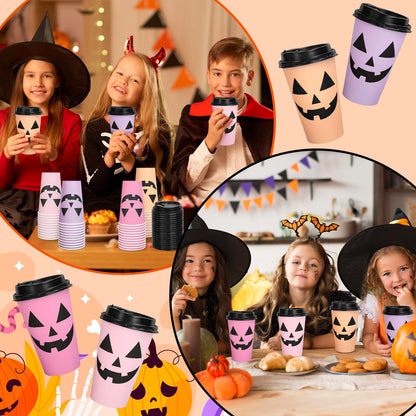Whaline Halloween Disposable Coffee Cups Ghost Pumpkin Paper Cups with Lids 16 Oz for Holiday Birthday Party Home Office Travel Supplies Hot Cold Drinks, 48 Pcs