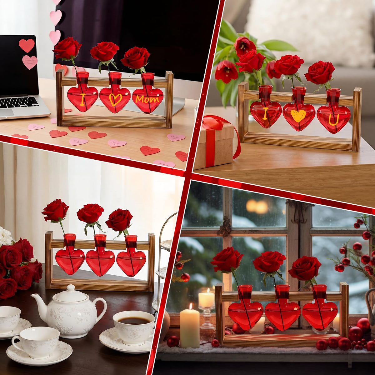 Remerry Red Heart Plant Terrarium with Wooden Stand 3 Heart Glass Vases Planter, Tabletop Propagation Hydroponics Station, Mother's Day Plant Lovers Gift
