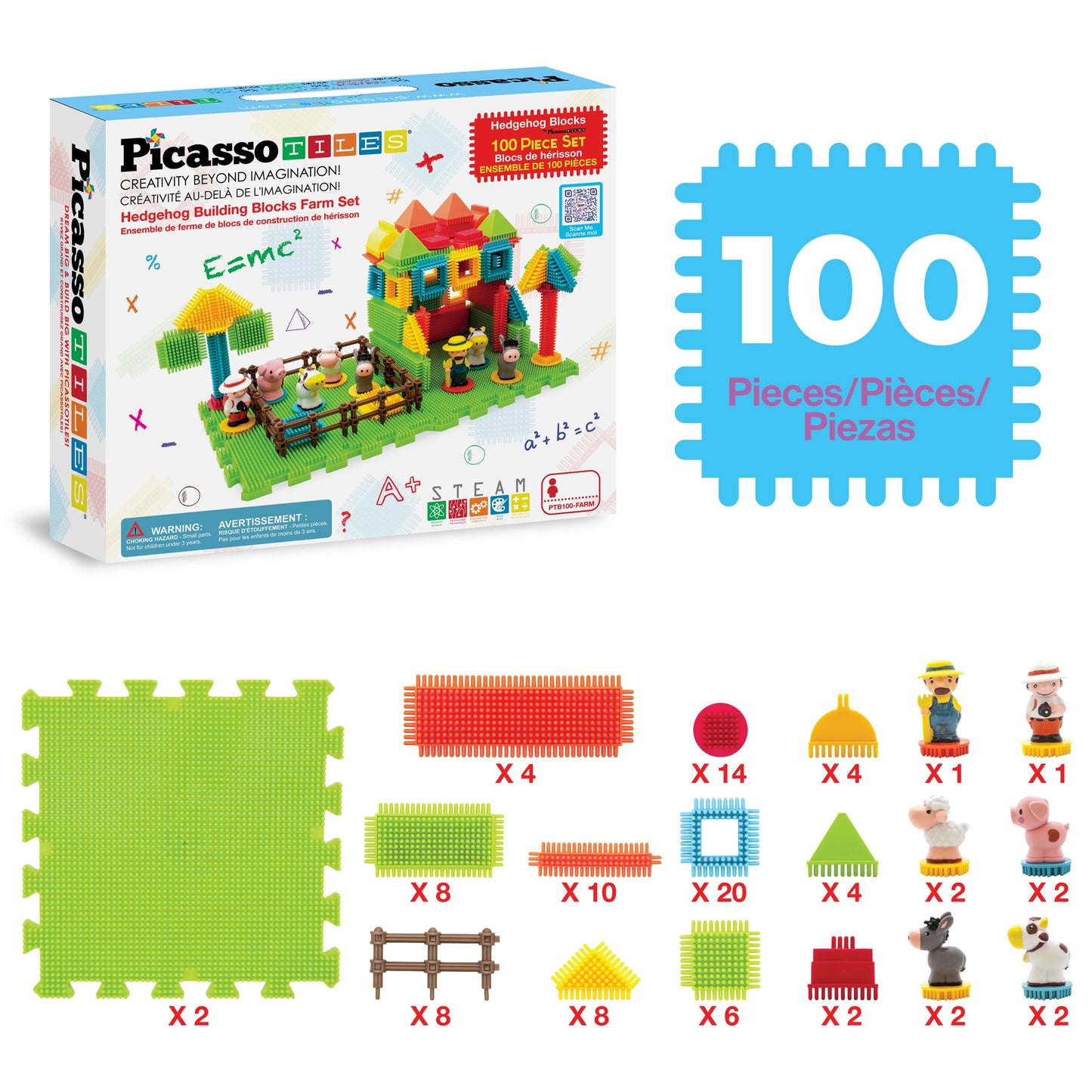PicassoTiles PTB100 100pcs Hedgehog Shape 3D Building Blocks Tiles Farm Theme Set Learning Playset STEM Toy Set Educational Kit Child Branin Development Preschool Kindergarten Toy