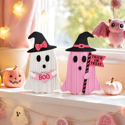 Valery Madelyn Pink Halloween Decorations, Set of 2 Cute Halloween Ghost Decor, Witch Hat Boo & Trick or Treat Wooden Tabletop Signs for Home, Shelf, Tiered Tray Party Display, 5 Inch