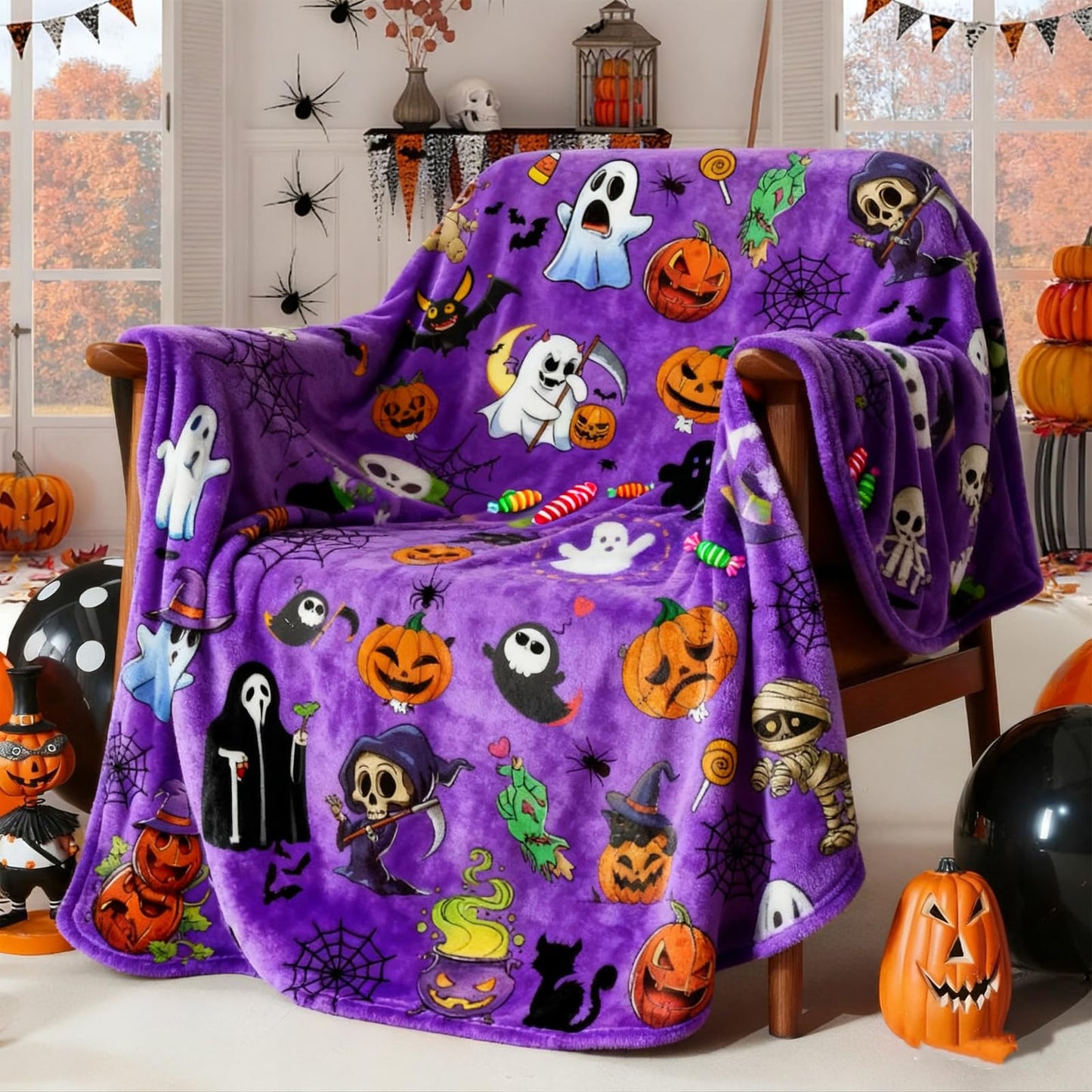 Halloween Throw Blanket 60" x 50" - Soft Flannel Ghost Blanket, Cozy Plush for Couch, Sofa & Bed, Fall Winter Decor, for Kids & Adults (Purple)