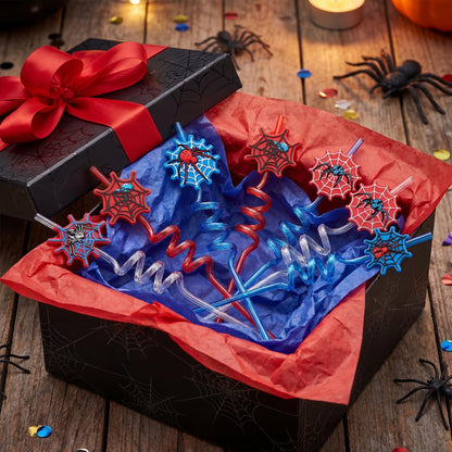Acellegic 24 Pcs Spider Party Decorations Spider Web Drinking Straws Reusable Plastic Crazy Straws Daily Web Drinkware Accessories Halloween Goodie Bags Stuffers for Birthday Party Supplies Gifts