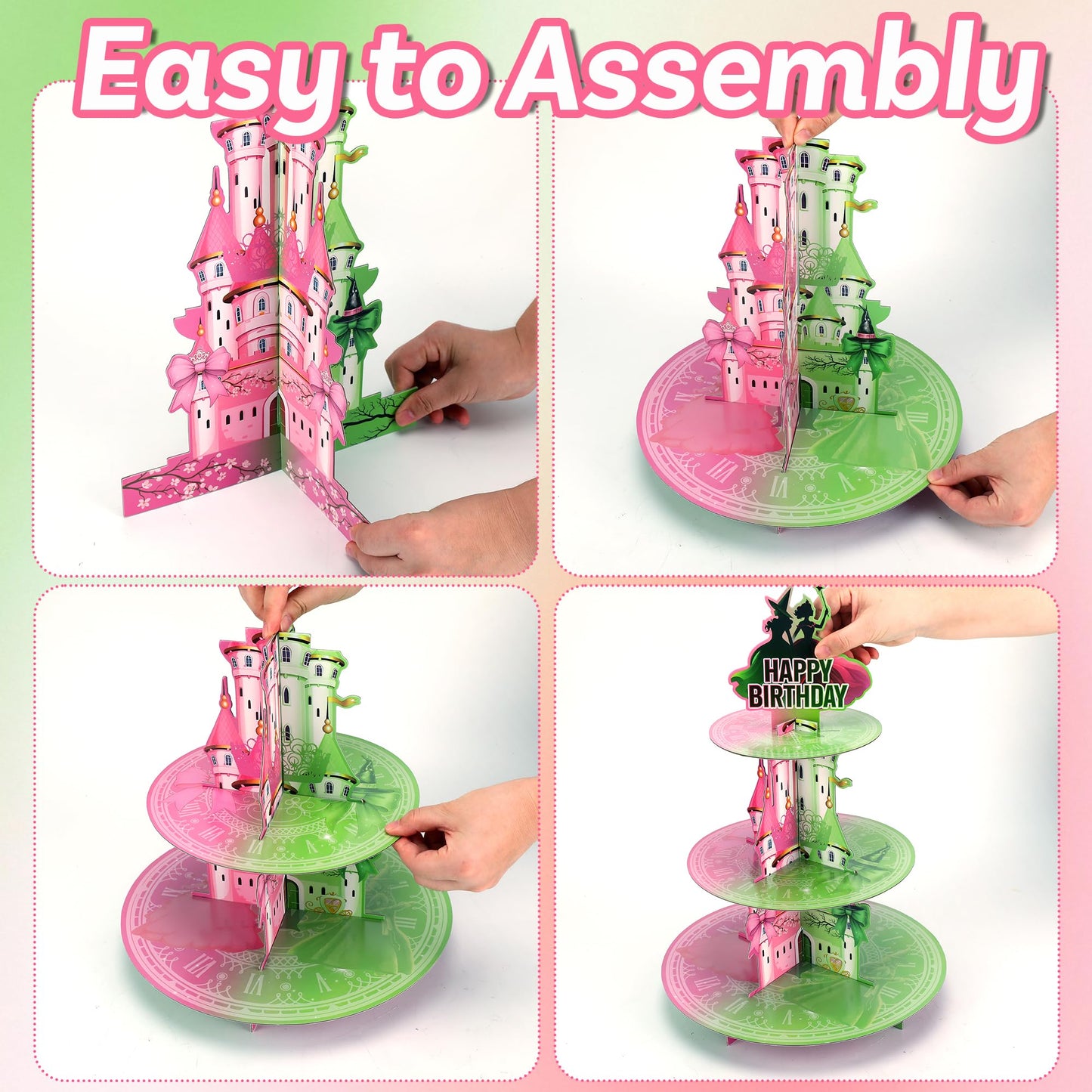 Princess and Witch Cupcake Stand with Cupcake Toppers – 3 Tiers Pink and Green Wizard Cupcake Tower with 24 PCS Witch and Fairy Cupcake Toppers for Birthday Decorations