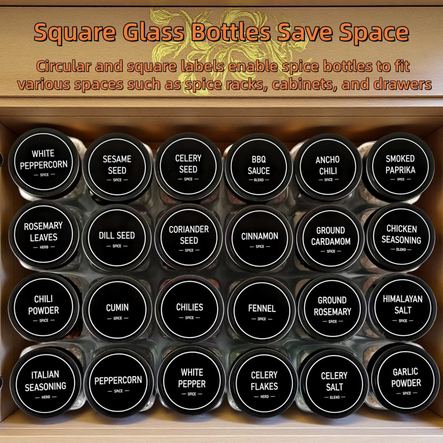 MISTGLAS Spice Jars with Labels - 24 Glass Spice with Shaker Lids & Airtight Plastic Caps - 4oz Complete Seasoning Containers Organizer Set for Cabinet, Drawer & Rack (Black)