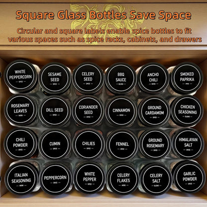 MISTGLAS Spice Jars with Labels - 24 Glass Spice with Shaker Lids & Airtight Plastic Caps - 4oz Complete Seasoning Containers Organizer Set for Cabinet, Drawer & Rack (Black)