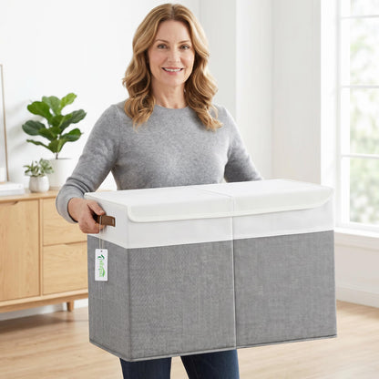 Bagnizer Large Toy Storage Box with Lids, Collapsible Sturdy Baby Storage Organizer Chest Bin Basket for Kids, Boys, Girls, Playroom, Nursery, Bedroom, Closet 25"x13"x16" (Gray and White)