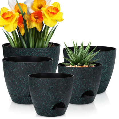 YNNICO Plant Pots 10/9/8/7.5/7 inch, Self Watering Planters with Drainage Holes & Saucers for Indoor and Outdoor Plants (Green Speckles)