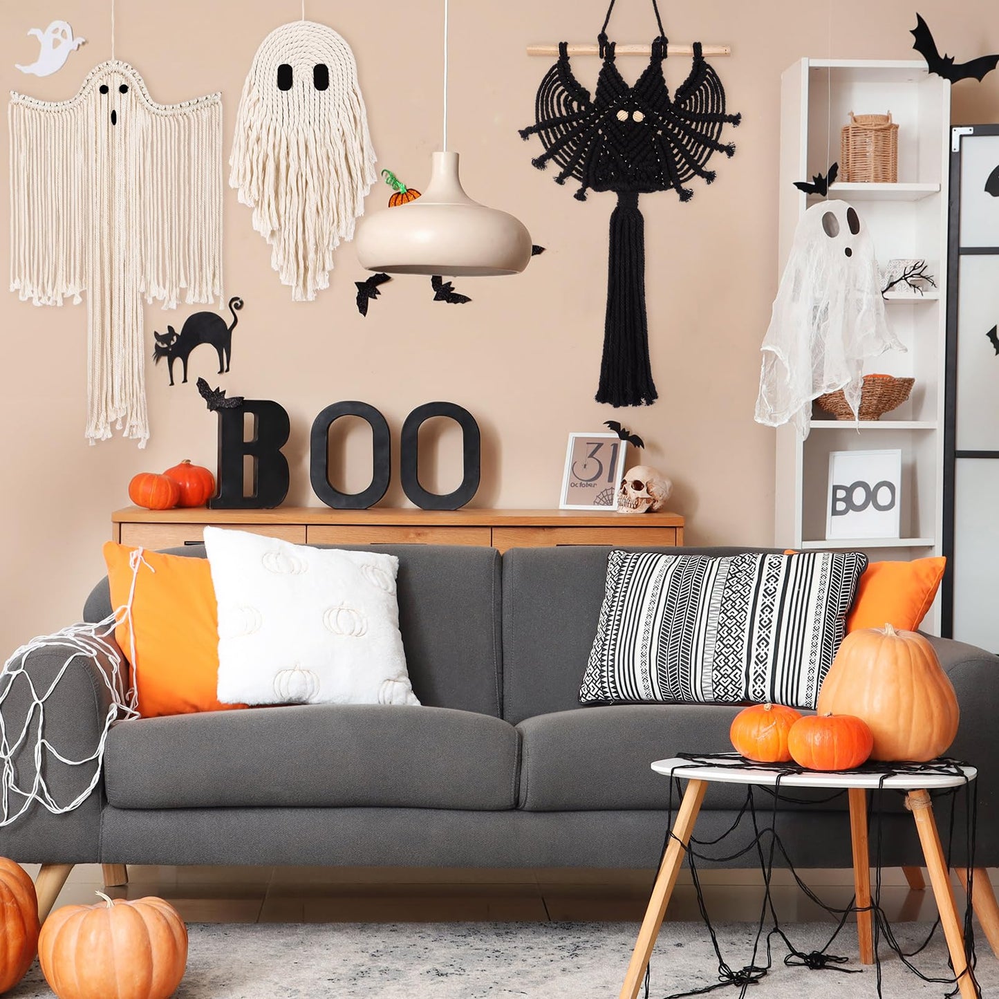 Remagr 3 Pcs Halloween Macrame Ghost Bat Wall Decor Handmade Ghost Wall Hanging Halloween Boho Decorations, Spooky Season Decor for Home Decorations