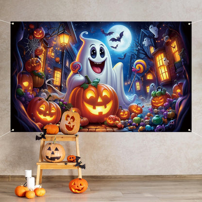 Ghost Pumpkin Halloween Photo Backdrop,Night Moon Banner Party Decorations and Supplies for Home-71×43''