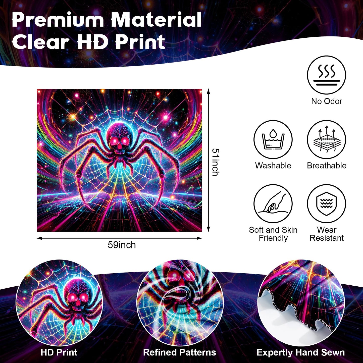NYZE Blacklight Spider Tapestry Cool Posters Glow in the Dark Tapestry UV Reactive Black Light Halloween Tapestries Easy Hanging Wall Decor for Living Room Dorm Home(59" x 51")