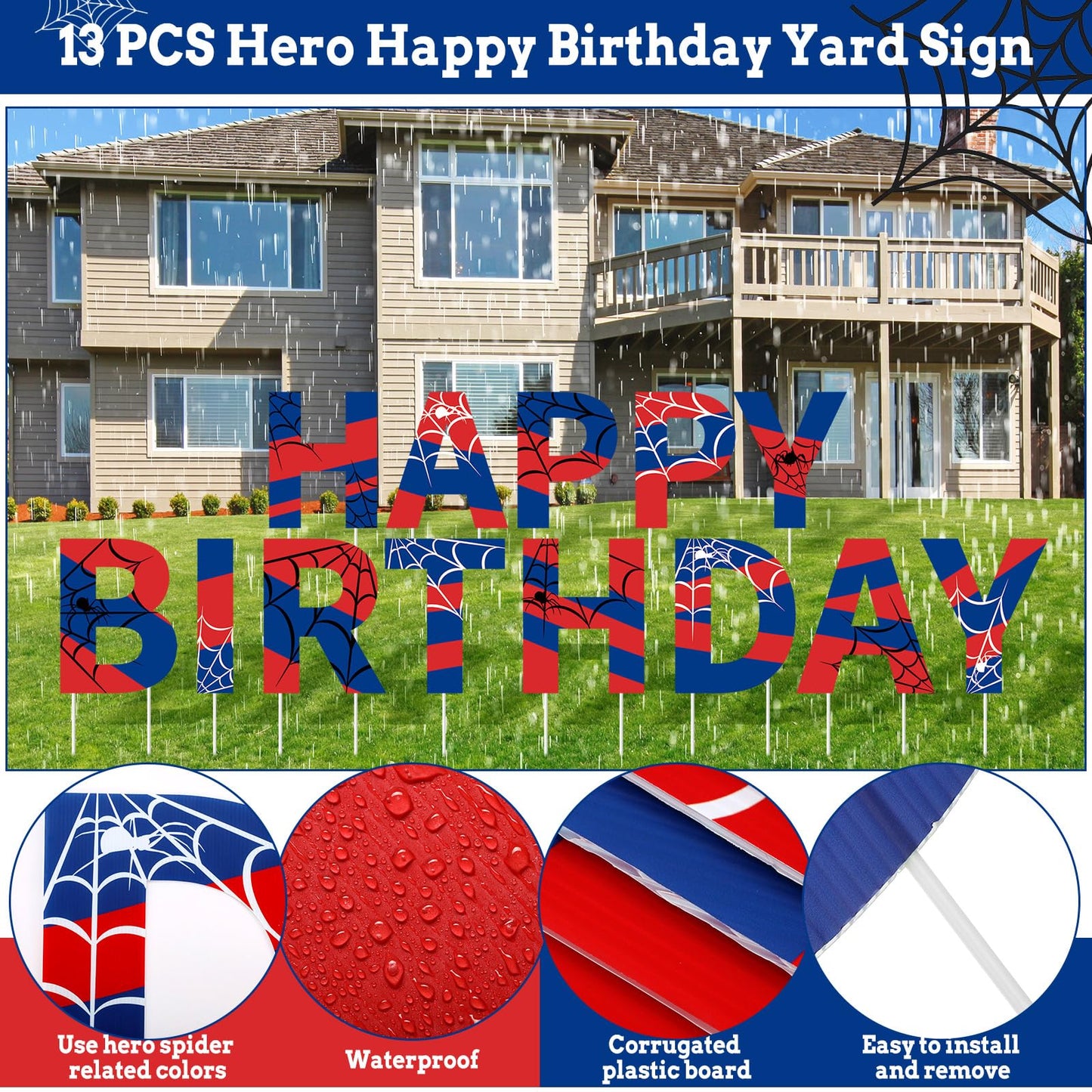 Threehoney 13 Pcs Spider Happy Birthday Yard Sign with Stakes, 16" Super Happy Birthday Letter Lawn Signs, Outdoors Birthday Decorations Hero Birthday Theme Party Supplies for Outdoor Yard Lawn