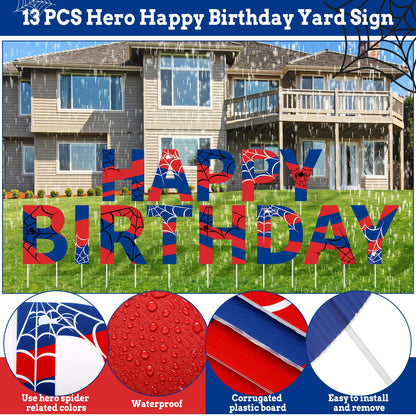 Threehoney 13 Pcs Spider Happy Birthday Yard Sign with Stakes, 16" Super Happy Birthday Letter Lawn Signs, Outdoors Birthday Decorations Hero Birthday Theme Party Supplies for Outdoor Yard Lawn