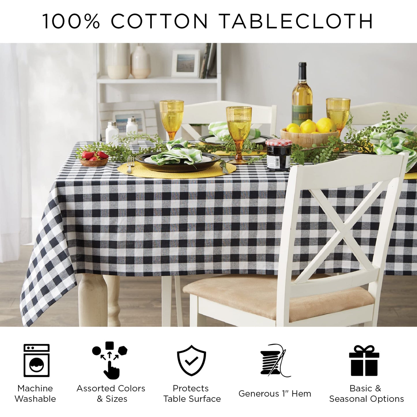 DII Buffalo Check Collection, Classic Farmhouse Tablecloth, 52 x 52, Stonewash Blue
