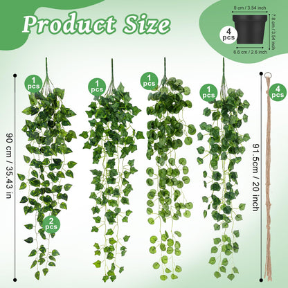 Folmywy 4 Pack Artificial Hanging Plants Vines with Pot Fake Vine Potted Plant Mixed Greenery Leaves Plant Theme Classroom Decoration for Indoor Outdoor Living Room Office Shelf